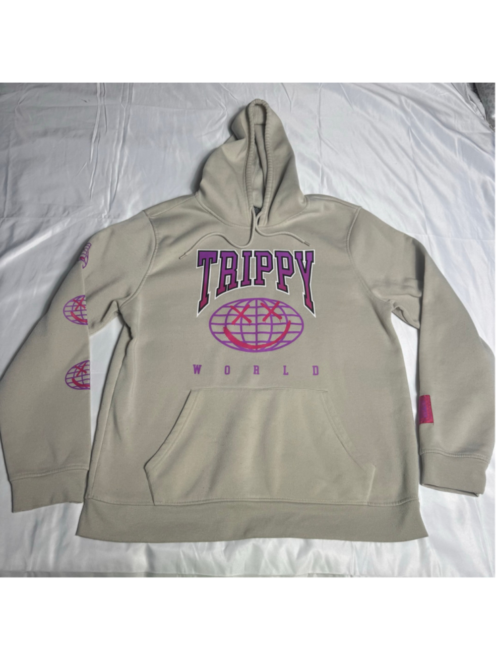 Men's Brooklyn Cloth Trippy World Graphic Hoodie Beige Purple Size XL